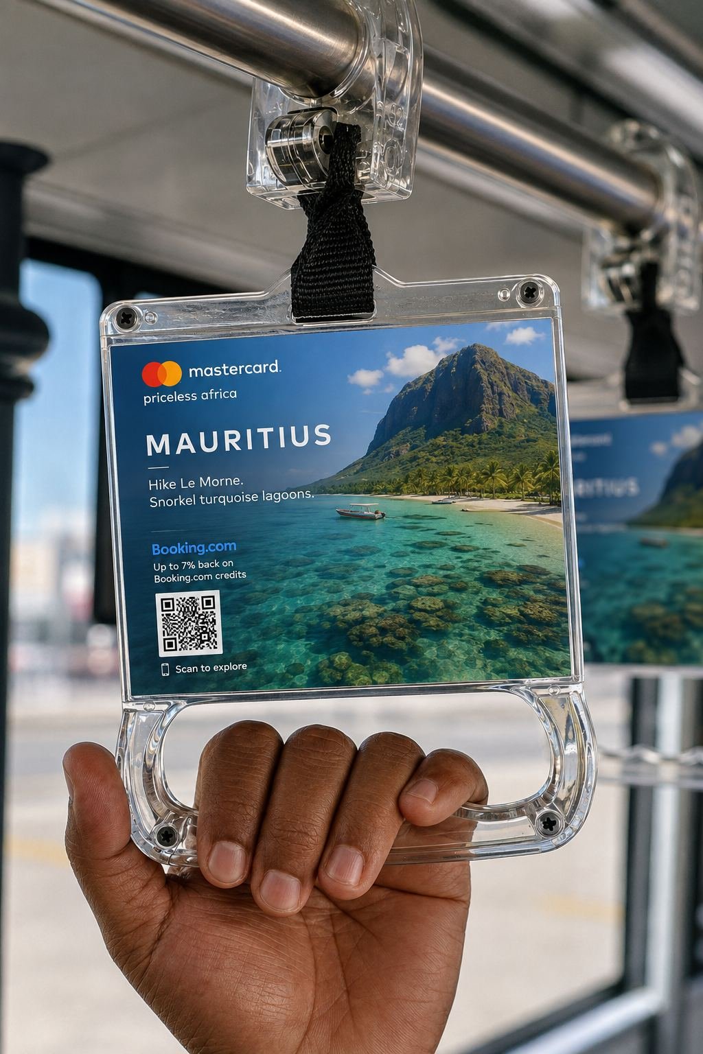 Passenger holding a Mastercard Priceless Africa Mauritius grab handle