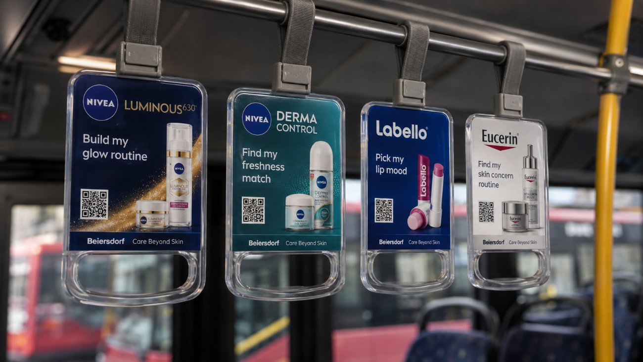 Four Beiersdorf branded grab handles: NIVEA Luminous, Derma Control, Labello and Eucerin