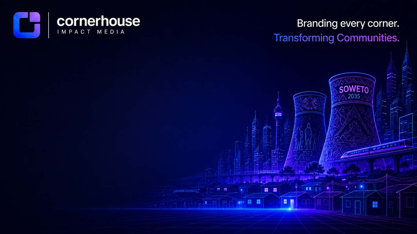 Dark blue artwork of the Soweto towers and township skyline drawn in glowing wireframe lines