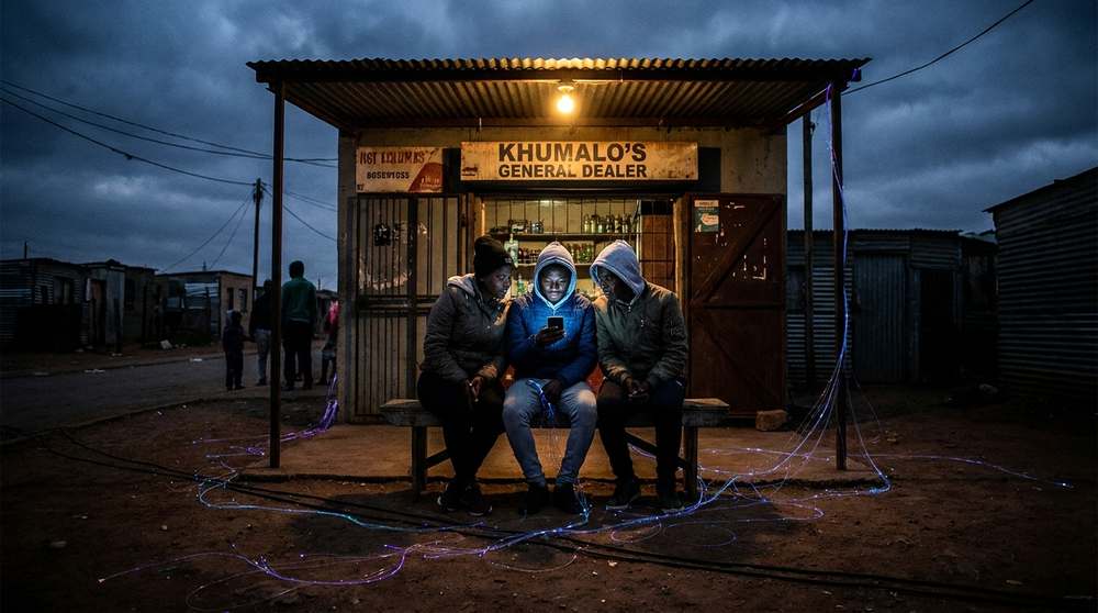 Young people connected to Wi-Fi outside a spaza shop at dusk, faces lit by phone screens