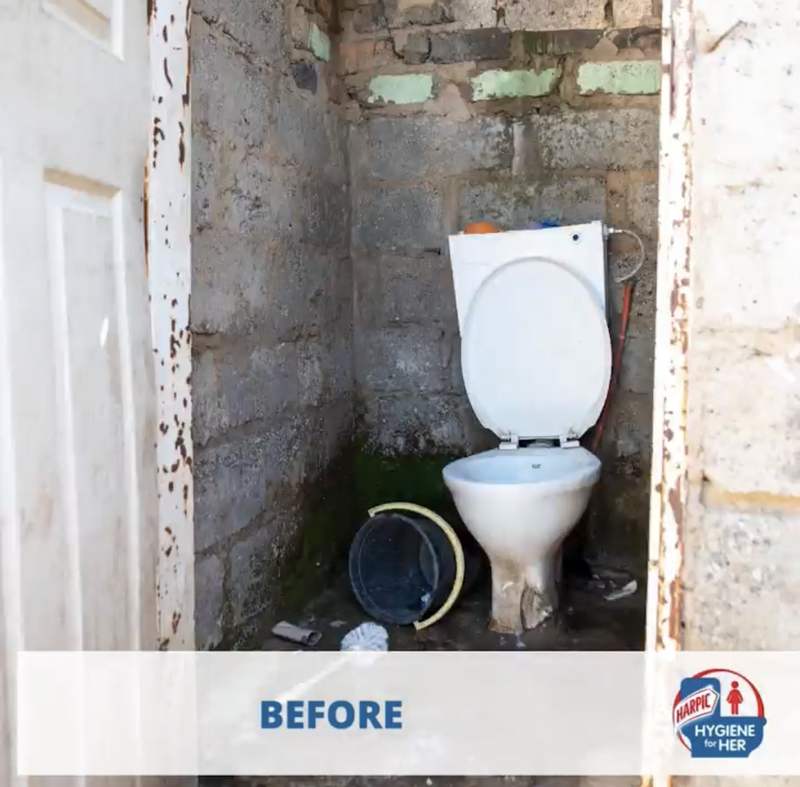 Household toilet facility before the Harpic Hygiene for Her rebuild
