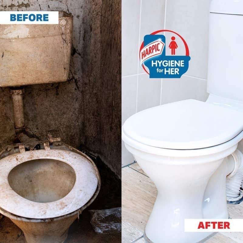 Side by side before and after of a Harpic Hygiene for Her sanitation rebuild