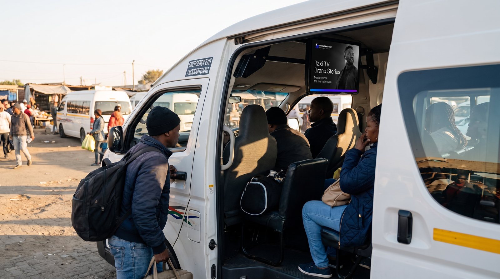 Commuters boarding a minibus taxi at the rank with the Taxi TV screen visible inside