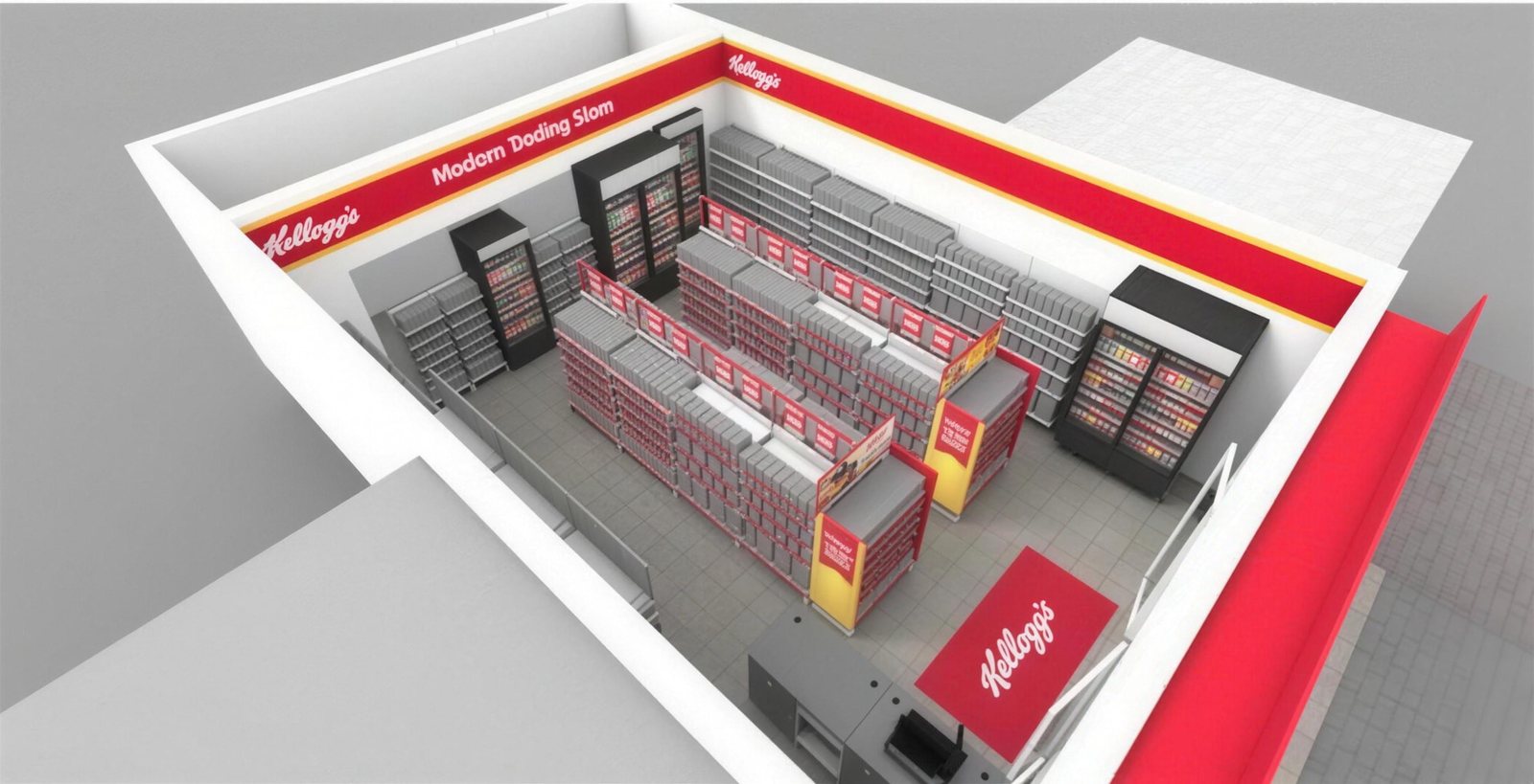 KasiCreative 3D render of the Kellogg's modern trading store layout