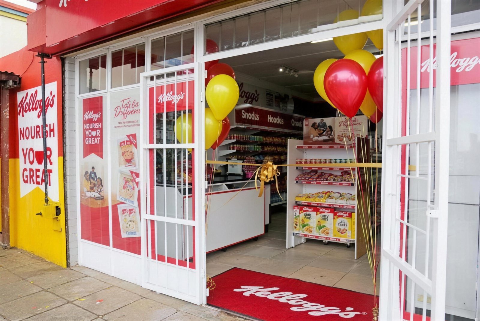 Kellogg's SpazaBrand store takeover launch, storefront wrapped in red and white with balloons at the door