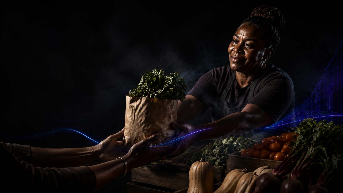 A trader hands a paper bag of fresh greens across a spaza counter, lit against a dark background